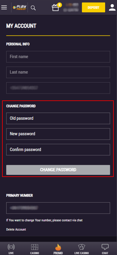 Changing the password in the settings