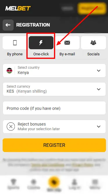 One Click Registration Form At Melbet
