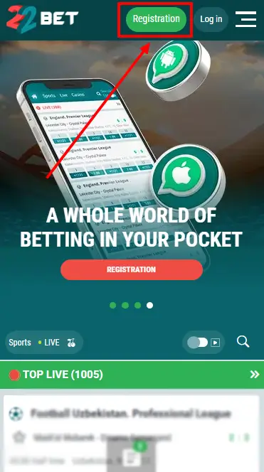 22bet Registration Button At Home Page