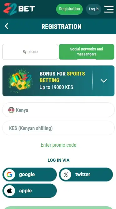 22bet Bonus Registration Form By Social Networks